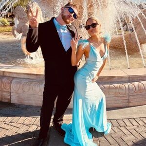 Light Blue Prom Dress XXS | Feather Strap Formal Gown | Open Back Evening Dress